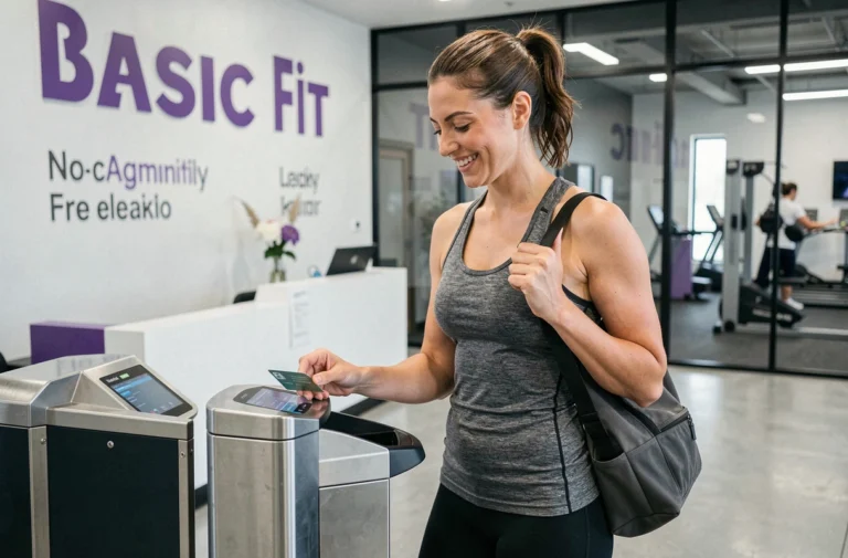 Femme scannant sa carte d'abonnement Basic Fit sans engagement à l'entrée d'une salle de sport moderne