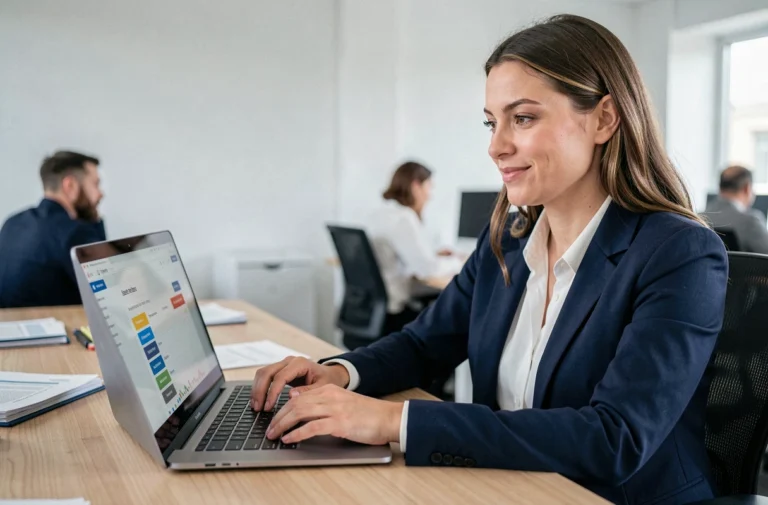 Femme accédant facilement aux pages d'un site web professionnel depuis son bureau