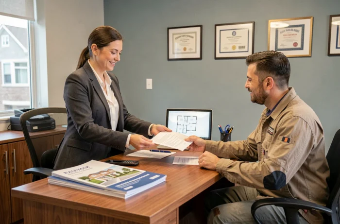 Agent immobilier présentant des documents à un artisan dans une agence immobilière, illustrant les démarches d'achat ou de location d'un local professionnel