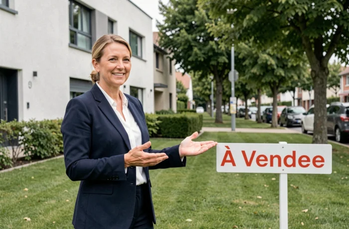 Agent immobilière professionnelle devant une maison à vendre avec panneau immobilier dans un quartier résidentiel