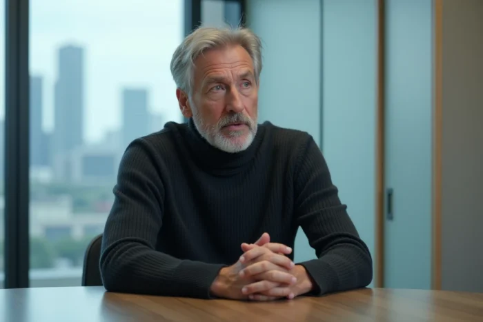 Alain Bauer en entretien dans une salle de conférence moderne, évoquant sa vie professionnelle et familiale en 2026