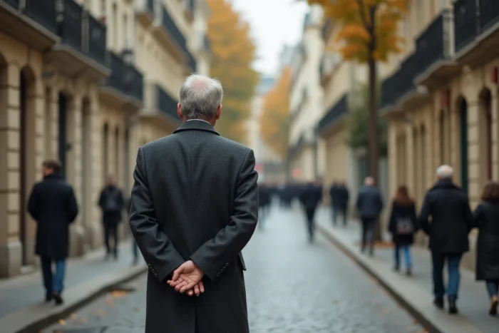 Alain Bauer marchant dans une rue parisienne en automne, reflet de son parcours intellectuel et professionnel