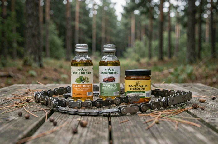 Alternatives écologiques à l'huile de chaîne pour tronçonneuse disposées sur une table en bois en forêt