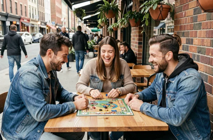 Groupe d'amis jouant à un jeu de société en terrasse de café, idées loisirs entre amis en ville