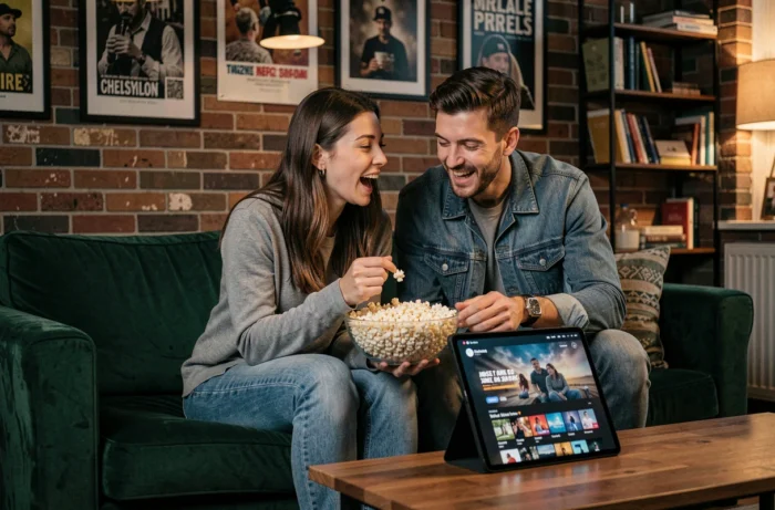 Deux amis regardant ensemble une série en streaming gratuit sur une tablette dans un appartement urbain
