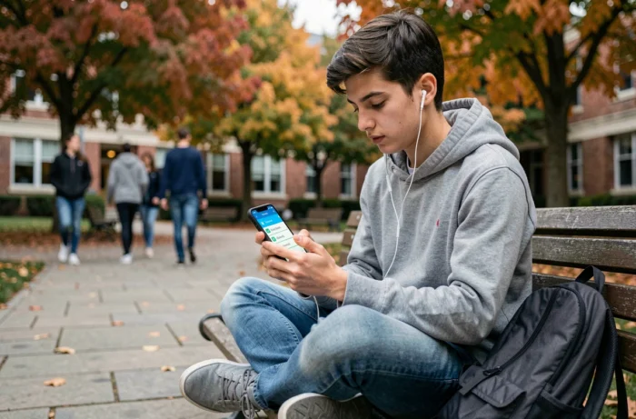 Adolescent qui apprend l'anglais avec une application mobile sur un campus en automne