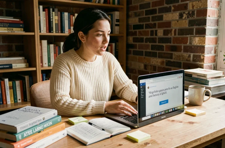 Jeune femme apprenant l'anglais en ligne à son bureau à domicile entouré de livres et de notes