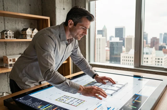 Architecte utilisant un logiciel BIM sur un bureau tactile dans un bureau moderne en 2026