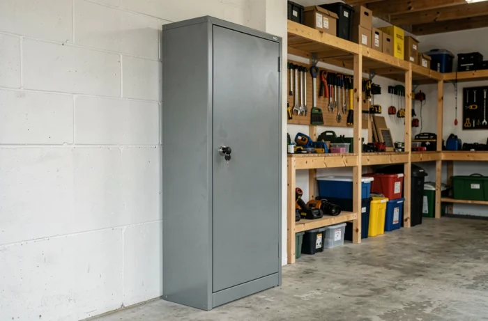Armoire à fusil en acier gris fermée à clé dans un garage rangé avec des étagères en bois en arrière-plan