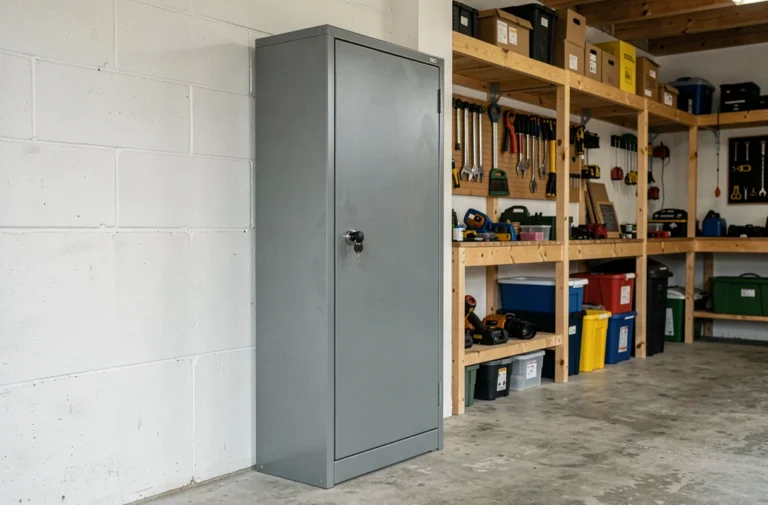 Armoire à fusil en acier gris fermée à clé dans un garage rangé avec des étagères en bois en arrière-plan