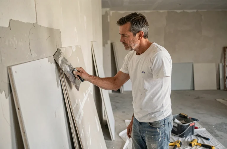 Artisan appliquant de l'enduit sur un mur en cours de rénovation intérieure
