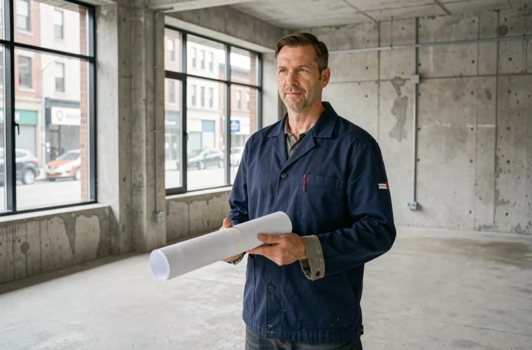 Artisan tenant des plans architecturaux dans un local commercial vide aux murs en béton brut, illustrant la recherche d'un espace professionnel pour artisan