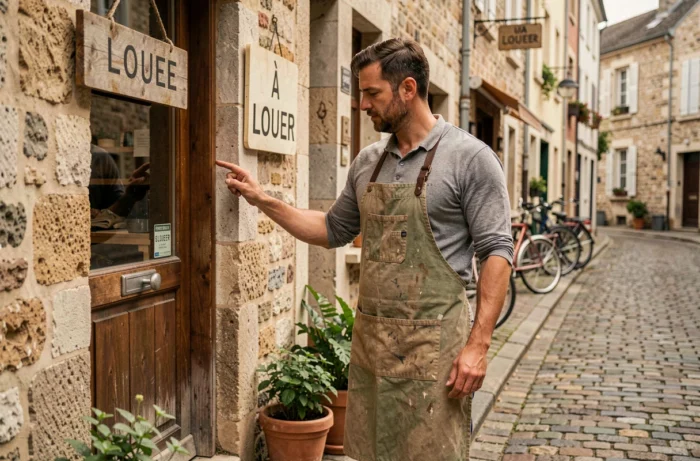 Artisan inspectant une pancarte À Louer sur la façade d'un atelier artisanal dans une rue pavée, symbolisant la recherche d'un local professionnel adapté à son activité