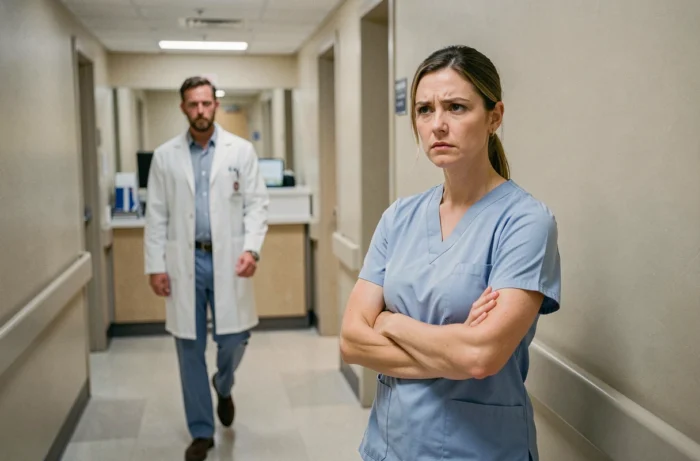 Infirmière aux bras croisés dans un couloir d'hôpital illustrant les tensions et attitudes toxiques en milieu de santé professionnel