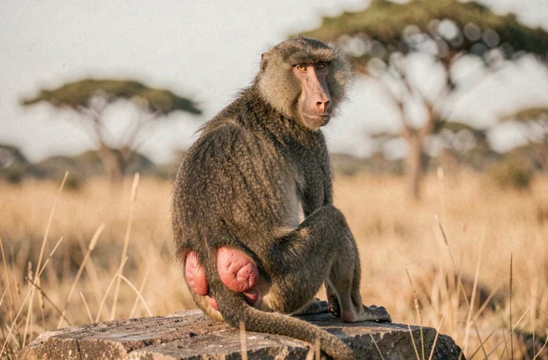 Babouin olive mâle adulte montrant ses fesses rouges caractéristiques sur un rocher de granite en savane africaine