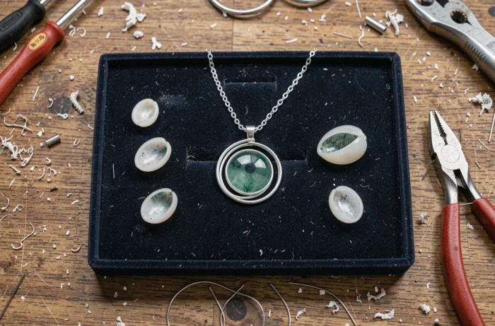 Pendentif artisanal en argent serti d'un œil de sainte lucie posé sur un plateau en velours bleu marine entouré d'outils de bijouterie