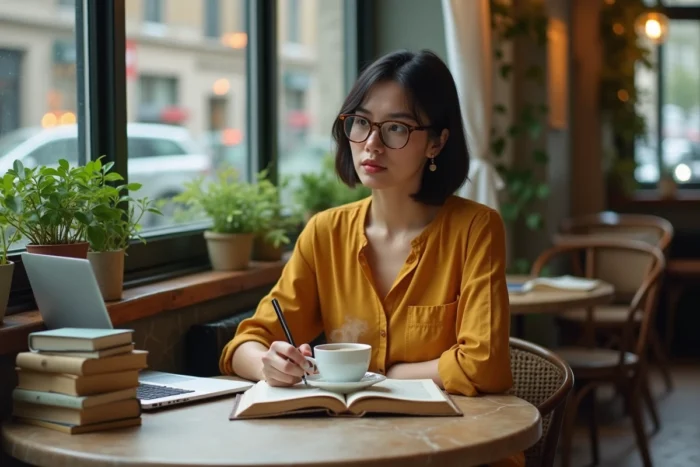 Blogueuse littéraire prenant des notes sur les actualités de Mam'Zell Plume dans un café parisien