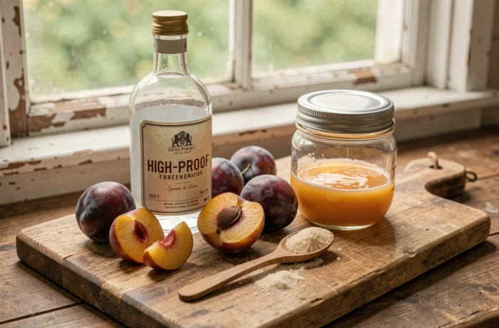 Gros plan sur une bouteille d'alcool fort, des fruits frais et des bocaux de conservation sur un plan de travail en bois rustique