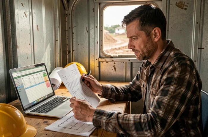 Entrepreneur évaluant un devis de location de mini-pelle dans un bureau de chantier avec contrat et budget imprimé