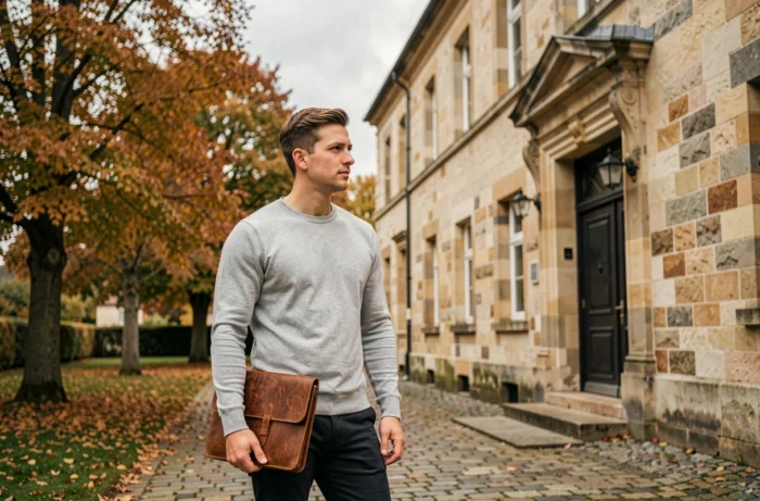 Jeune candidat devant l'entrée du site historique de l'OHS Flavigny en Lorraine pour un recrutement