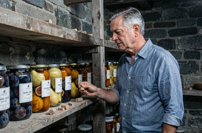 Homme inspectant des bocaux de fruits conservés dans l'alcool dans une cave en pierre traditionnelle