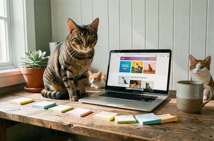 Chat tigré aux yeux verts assis sur un bureau en bois devant un ordinateur portable affichant un site web dédié aux chats, dans un bureau à domicile décoré avec soin