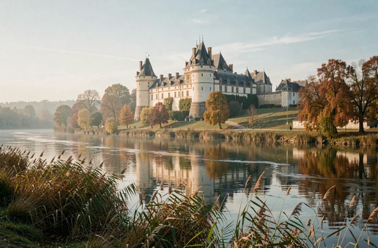 Vue panoramique du château de Chaumont-sur-Loire depuis les bords de la Loire en automne avec reflets dans l'eau