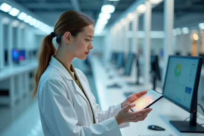 Chercheuse examinant un prototype d'écran OLED flexible dans un laboratoire technologique, représentant l'innovation en 2024
