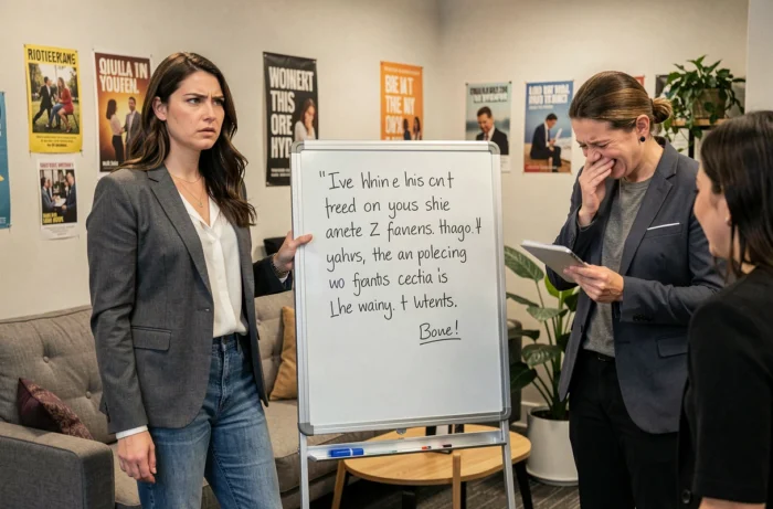 Une femme se tient devant une citation inspirante détournée avec humour sur un tableau dans l'espace commun du bureau, pendant qu'un collègue retient son rire, illustrant la citation inspirante détournée