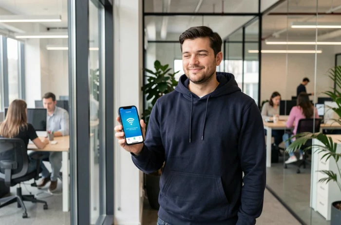Homme consultant le code Free WiFi sécurisé sur son smartphone dans un espace de coworking
