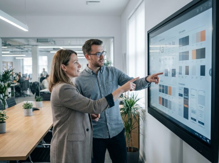 Deux graphistes collaborant sur un système d'identité visuelle affiché sur un grand écran tactile mural dans une agence de design