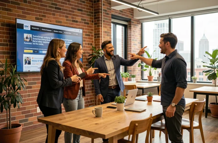 Groupe de collègues discutant des actualités marquantes de la semaine devant un écran numérique dans un espace de coworking
