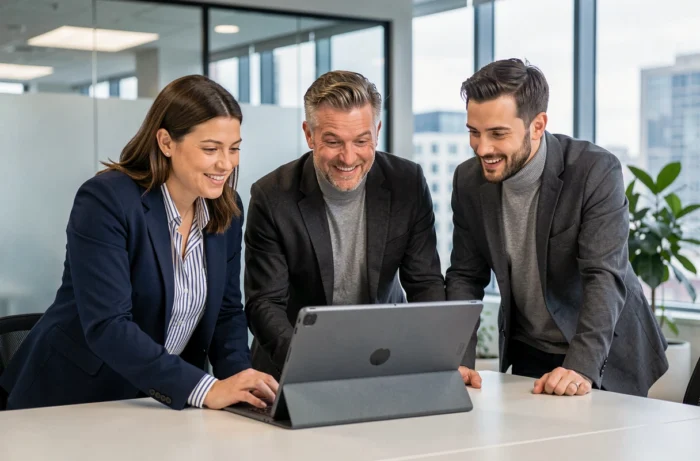 Groupe de collègues intrigués découvrant ensemble un terme mystérieux viral sur une tablette numérique au bureau