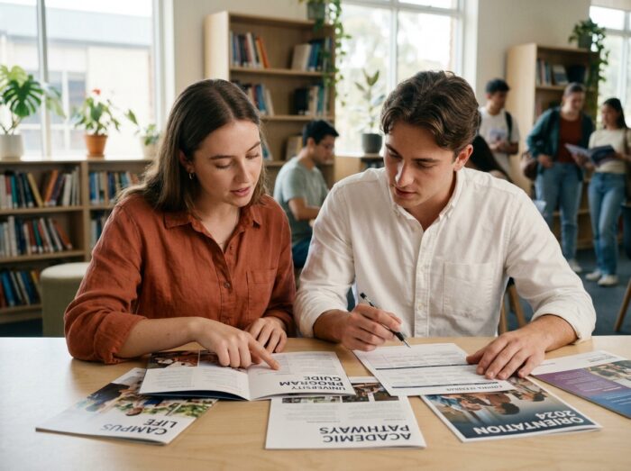 Deux étudiants comparant des brochures de formations en graphisme courtes et longues dans un espace d'orientation universitaire moderne