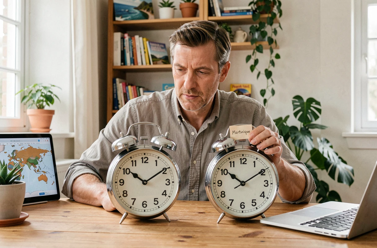 Homme comparant deux horloges représentant le décalage horaire entre la France et la Martinique