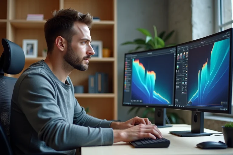 Designer comparant deux moniteurs WQHD et 4K dans un bureau moderne minimaliste