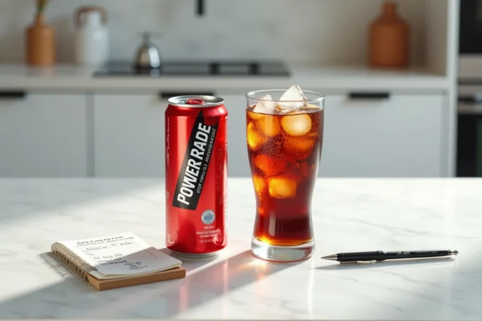 Comparaison en gros plan d'une canette de Powerade et d'un verre de Coca-Cola sur un comptoir en marbre avec des notes nutritionnelles