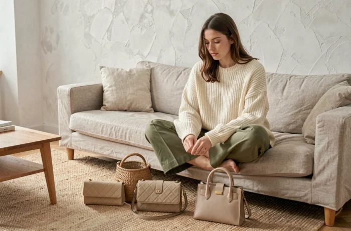 Jeune femme comparant plusieurs sacs à main tendance posés sur un canapé dans un intérieur scandinave épuré