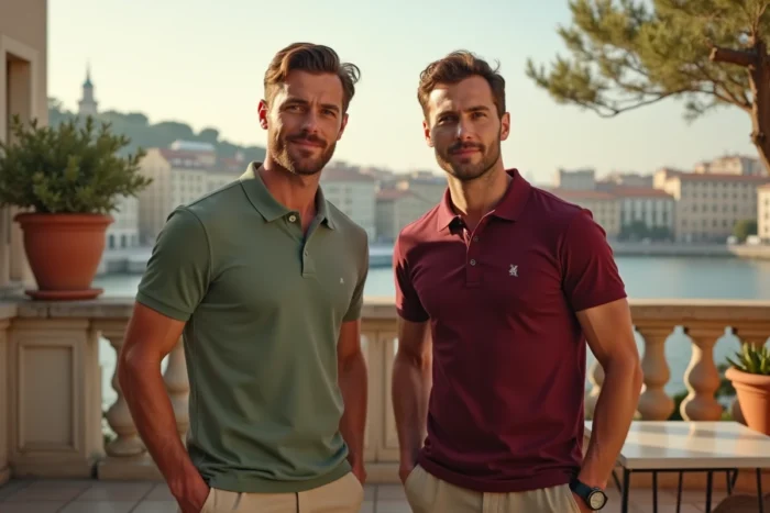 Deux hommes portant des polos de marques premium différentes sur une terrasse urbaine européenne avec vue sur la ville