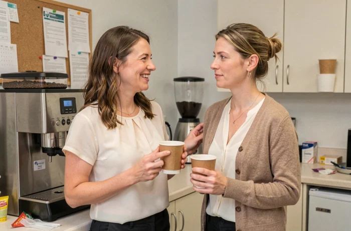 Deux collègues féminines échangent près de la machine à café, l'une souriant avec exagération en faisant un compliment ambigu tandis que l'autre semble perplexe, illustrant le compliment inversé au bureau