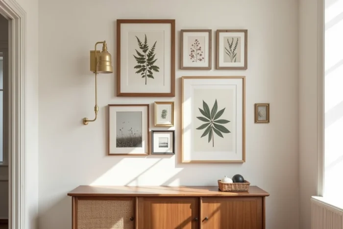 Composition murale asymétrique de cadres dépareillés en différents matériaux et formats sur un mur en plâtre dans un salon éclectique