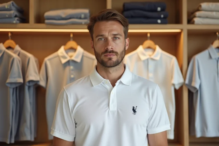 Homme portant un polo blanc dans une boutique de prêt-à-porter haut de gamme avec plusieurs marques de polos en arrière-plan