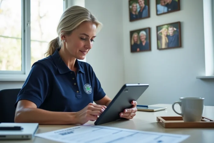 Femme responsable administratif d'un club de judo consultant les instructions de l'extranet FFJDA sur une tablette