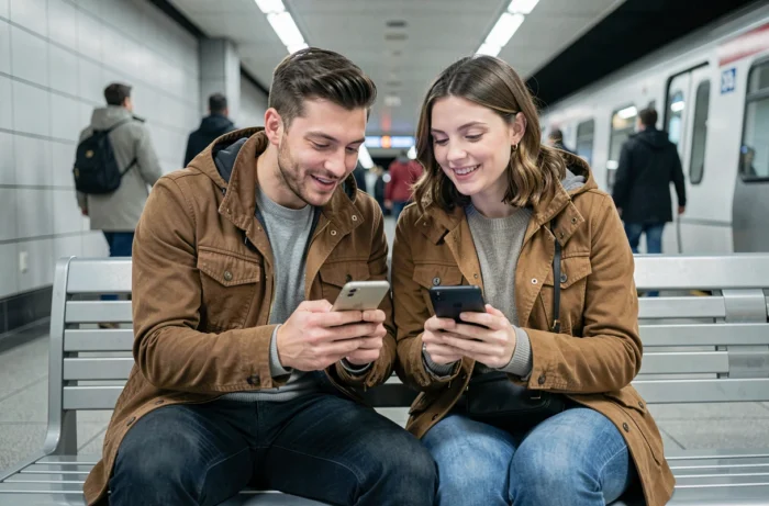 Couple utilisant le WiFi gratuit Free sécurisé sur leurs smartphones dans le métro
