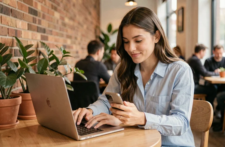 Jeune femme connectée au WiFi gratuit Free dans un café avec un laptop et un smartphone