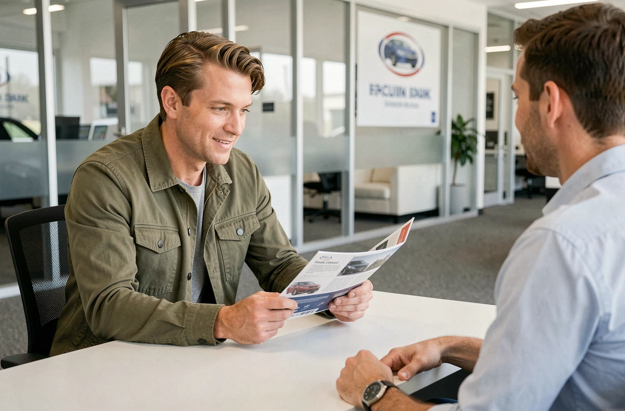 Client discutant de son contrat d'assurance auto avec un conseiller dans une concession automobile