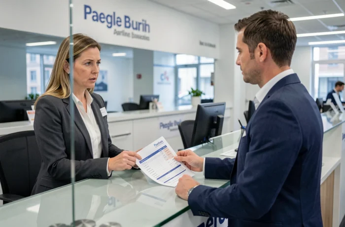 Femme en discussion avec un conseiller bancaire pour signaler un paiement CB inconnu lié à une imprimerie