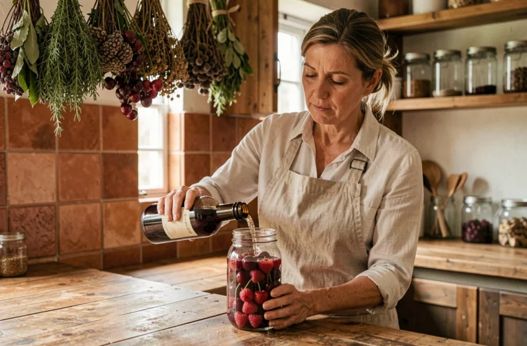Femme versant de l'alcool 90 dans un bocal de fruits rouges pour la conservation maison dans une cuisine rustique