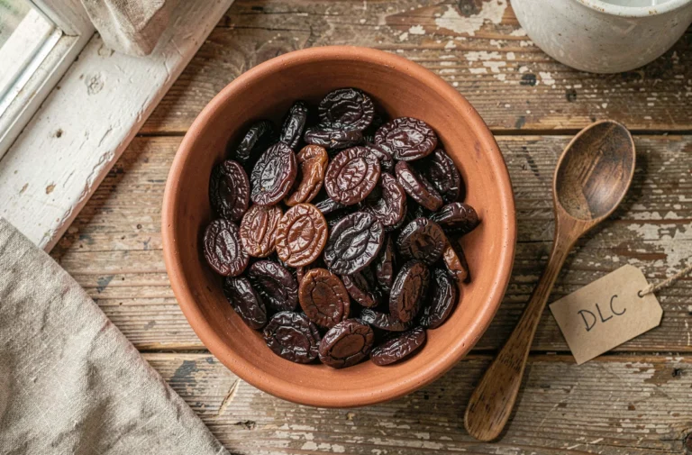 Pruneaux séchés dans un bol en terre cuite avec étiquette de date limite de conservation sur une table en bois