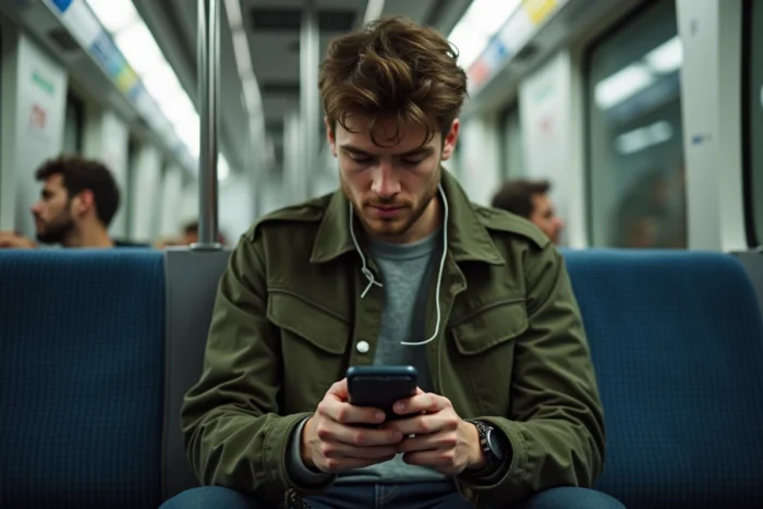 Jeune adulte consultant ses emails sur smartphone dans le métro pendant son trajet quotidien